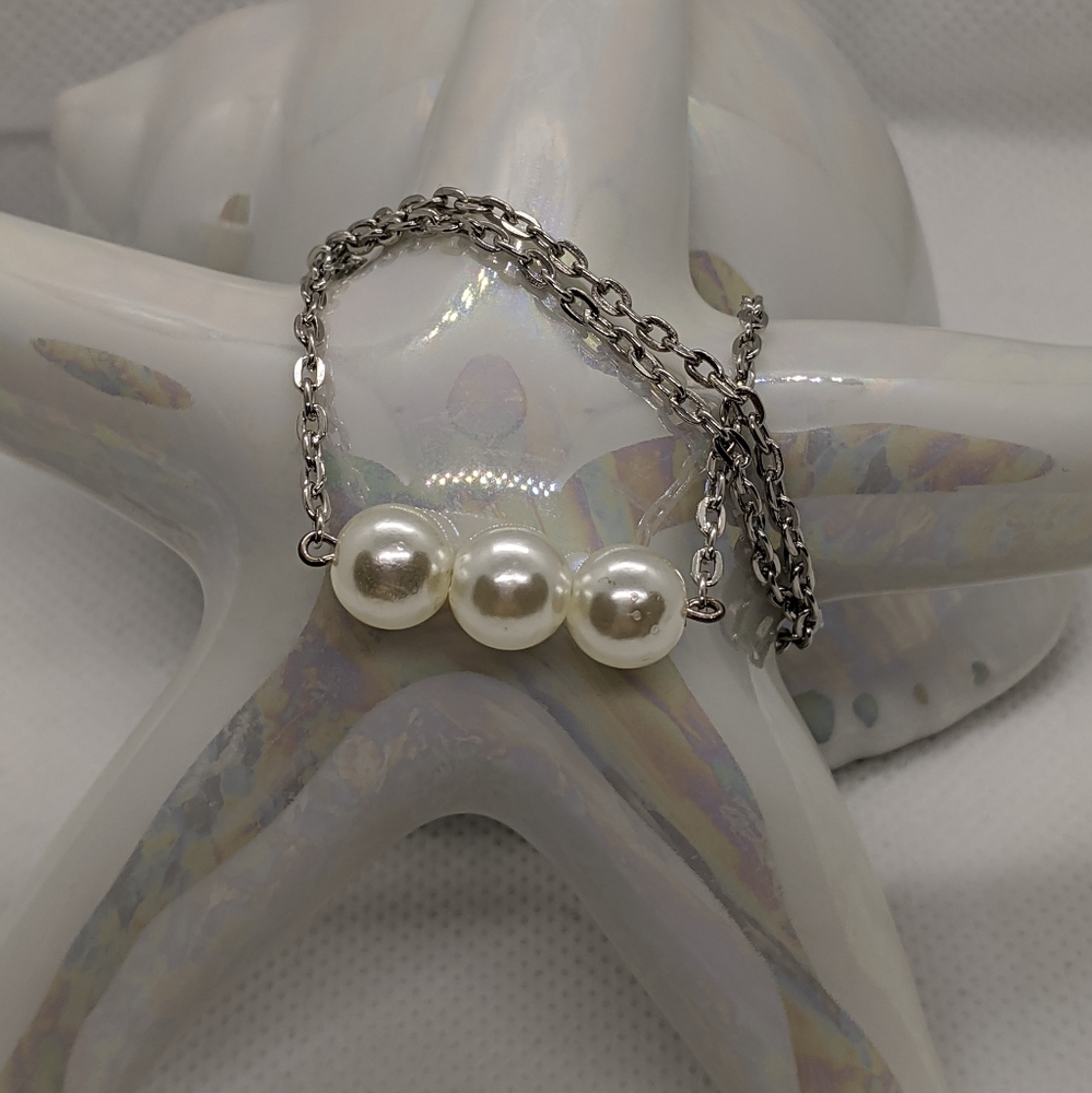 Triple Pearl Silver Chain Necklace Choker